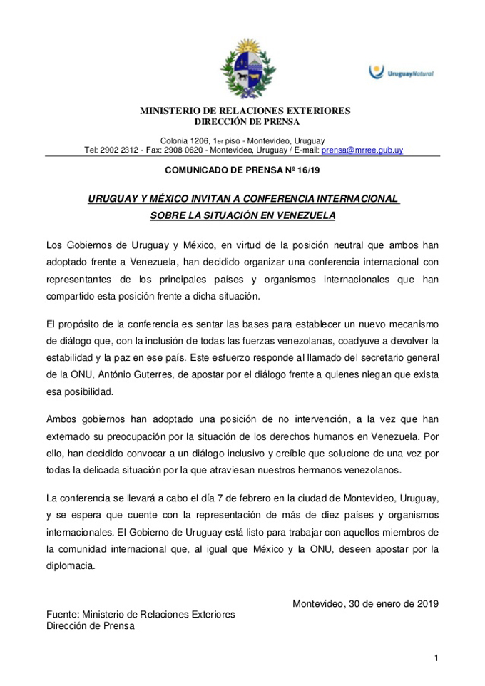 Comunicado de Uruguay y México sobre convocatoria al diálogo