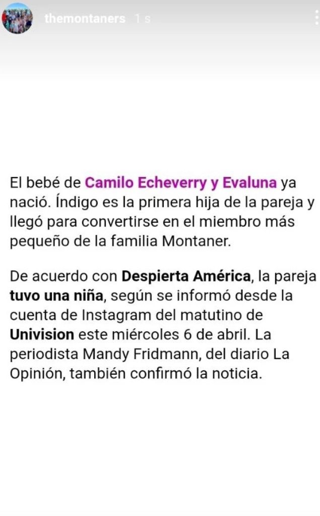 Nació la hija de Evaluna y Camilo