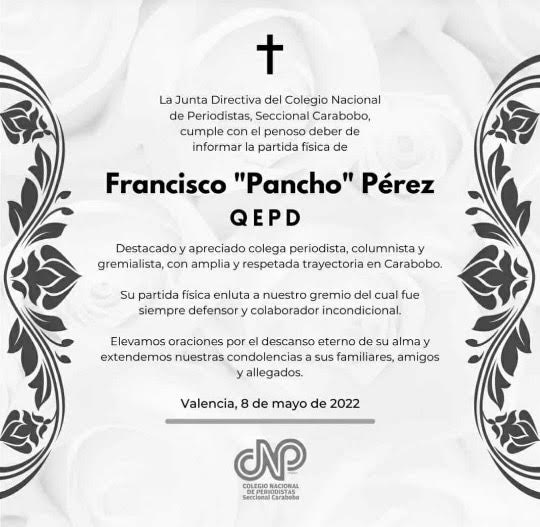 Murió el periodista Francisco “Pancho” Pérez