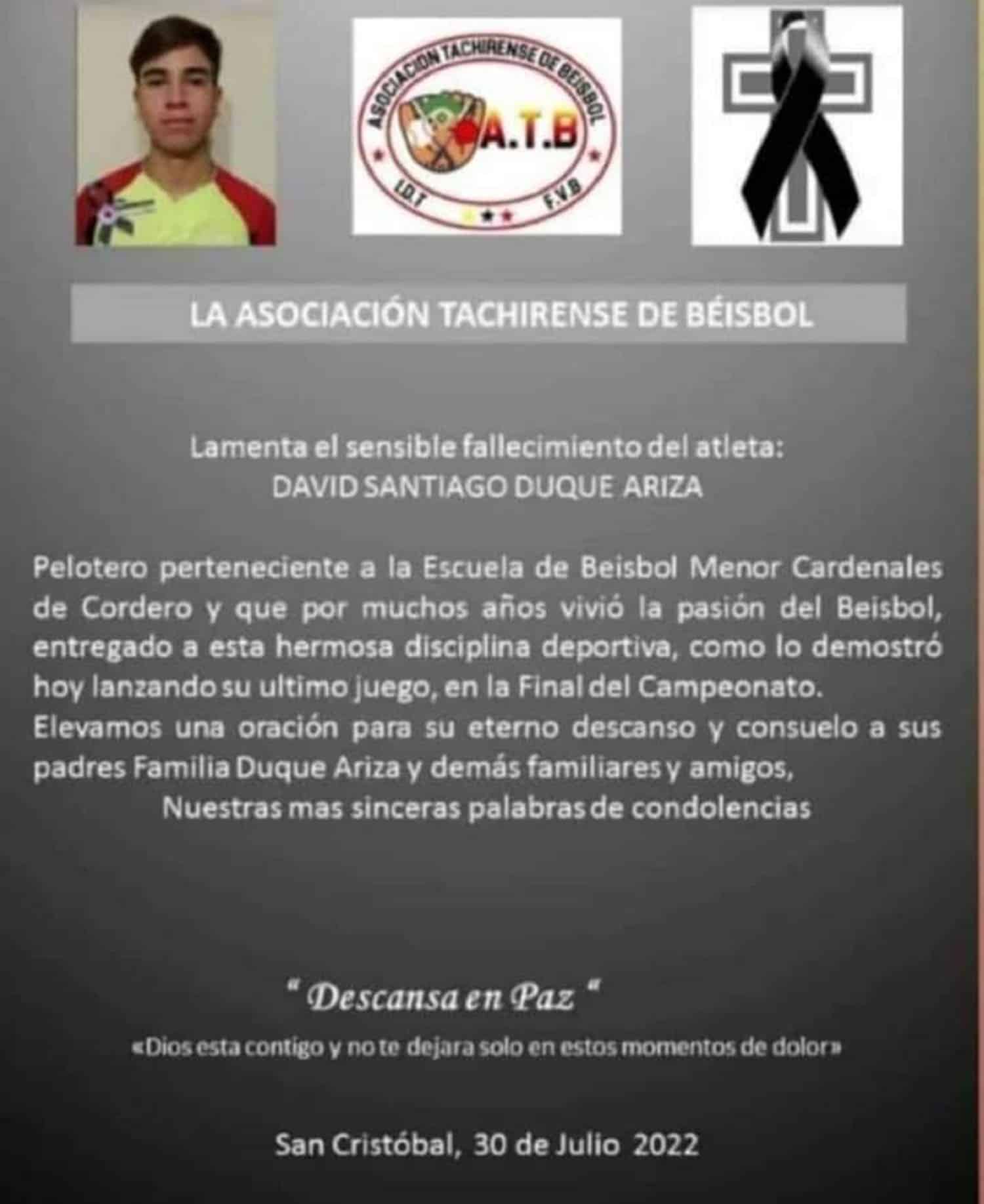 Adolescente murió Beisbol Táchira 